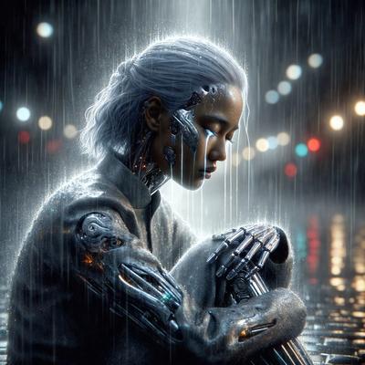 The primary subject of the image is a woman with a futuristic appearance, wearing a white outfit and surrounded by a rainy environment. She is sitting on a street, possibly in a futuristic city. The setting includes a rainy night with a cityscape in the background. The visual style of the image is digital art, which adds to the futuristic atmosphere. The colors and mood of the image are predominantly dark and moody, with the woman's outfit and the rainy night creating